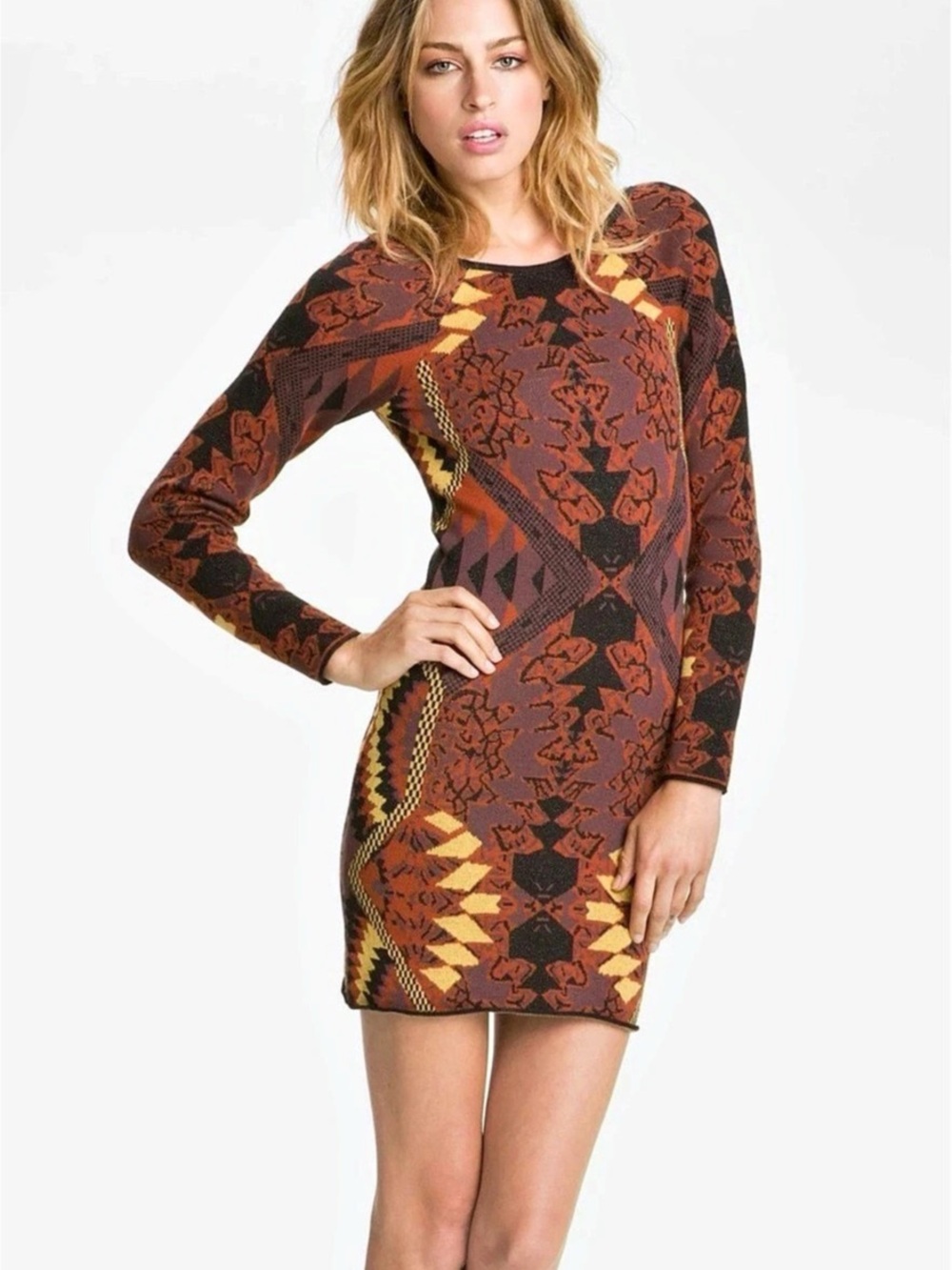 Free People Geometric Mini Dress in Brown & Black